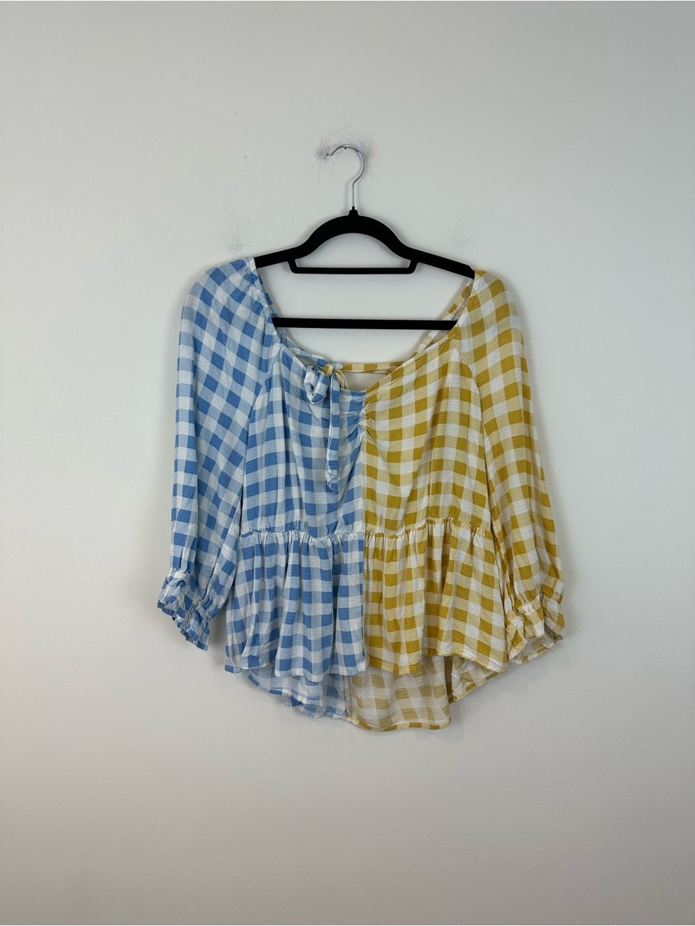 Cato Two-Tone Blue and Yellow Gingham Peplum Blouse Tie Back Size XL Women's